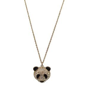 Pave Crystal Enamel Panda Bear Face Gold Tone Pendant Chain Necklace Unsigned